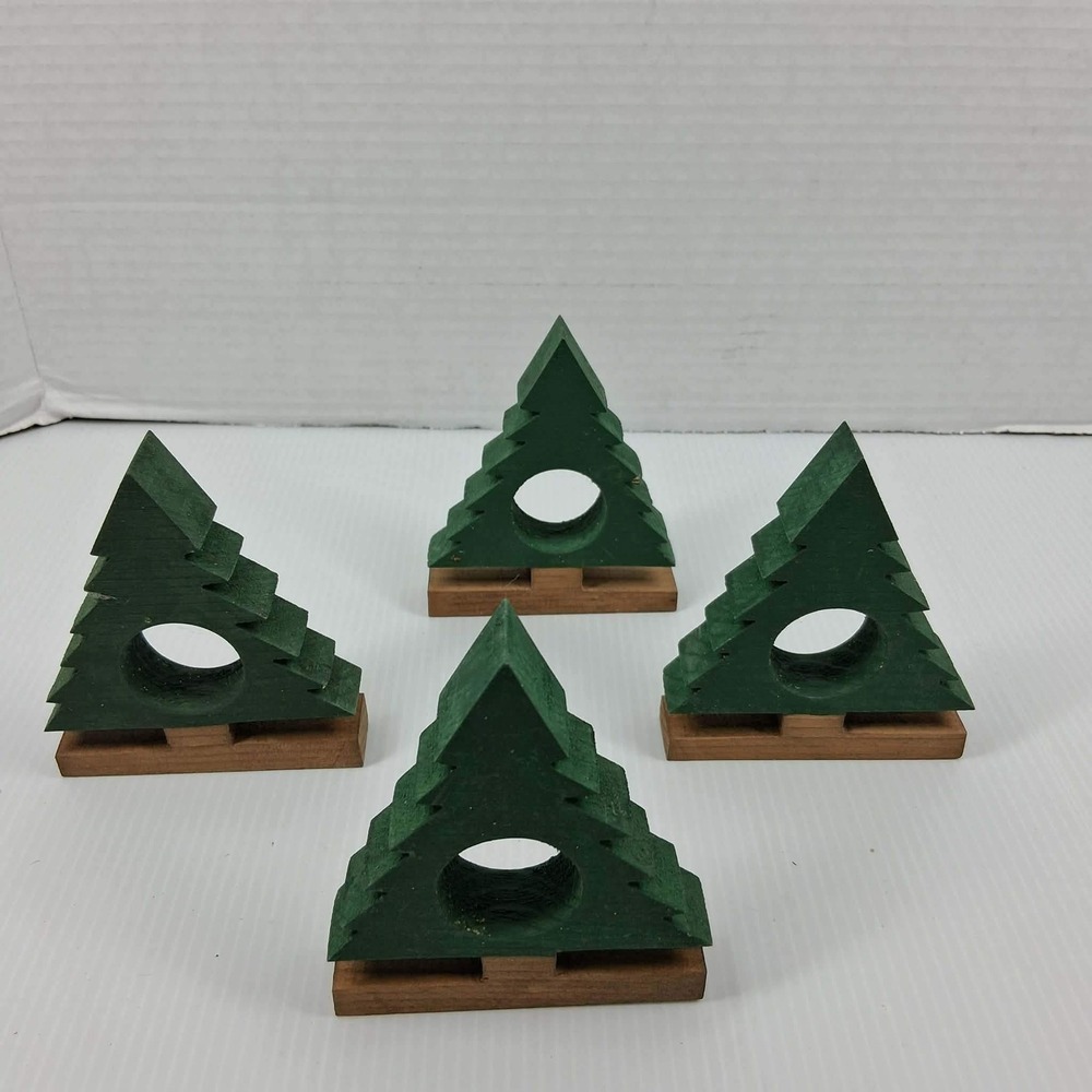 Vintage Style Wooden Christmas Tree Napkin Rings Set of 4 Green Rustic Holiday‎